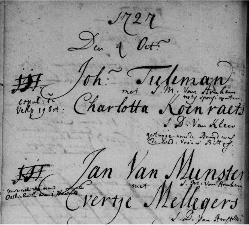 Trouwregister 1727 Jan van Munster en Evertje Mellegers